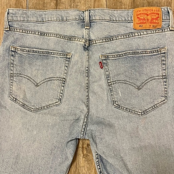 Levi's 412 Jean Shorts Jorts Men 36 W 8” Raw Hem Slim Stretch Denim 90s Y2K Blue - Picture 7 of 13